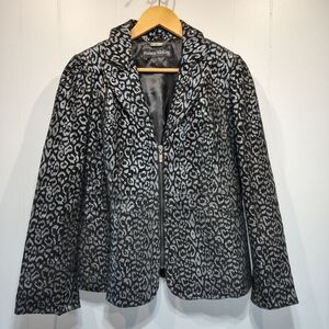Pamela McCoy Black Silver Leopard Print Leather Jacket Size Medium